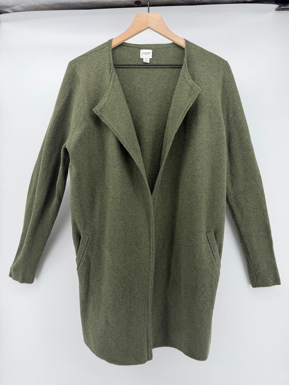 J.Crew Knit Cardigan Sweater Coat M Cotton Olive Green Quiet Luxury Preppy